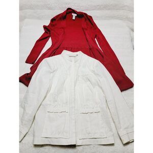 Chicos Set Of 2 Womens Sz 0 Red Cardigan + White Linen Blend Jacket Long Sleeve